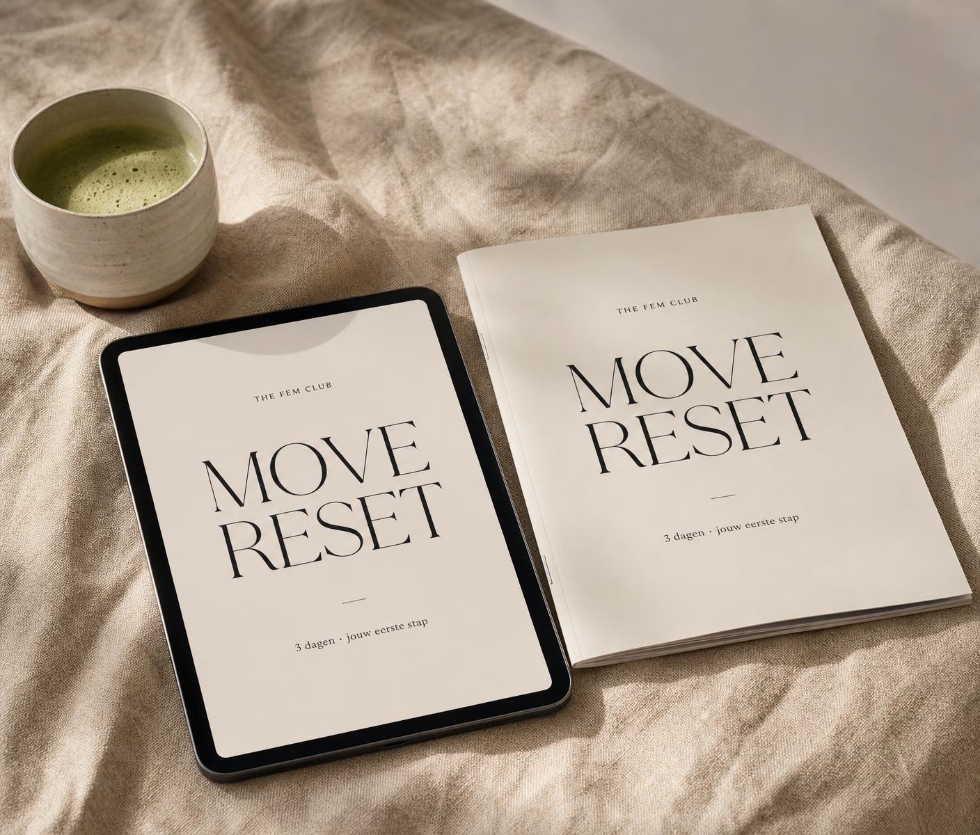 Mockup van het gratis Move Reset e-book van The Fem Club