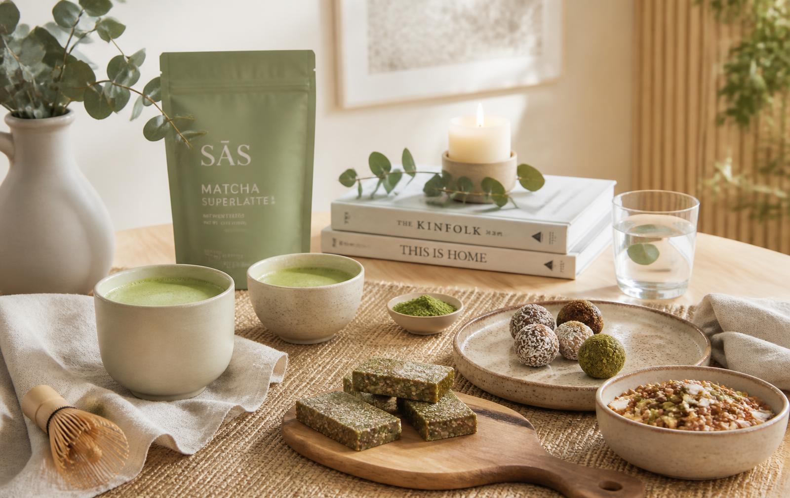 Lichte studio met linnen matten, matcha en gezonde snacks voor de Move & Matcha Day